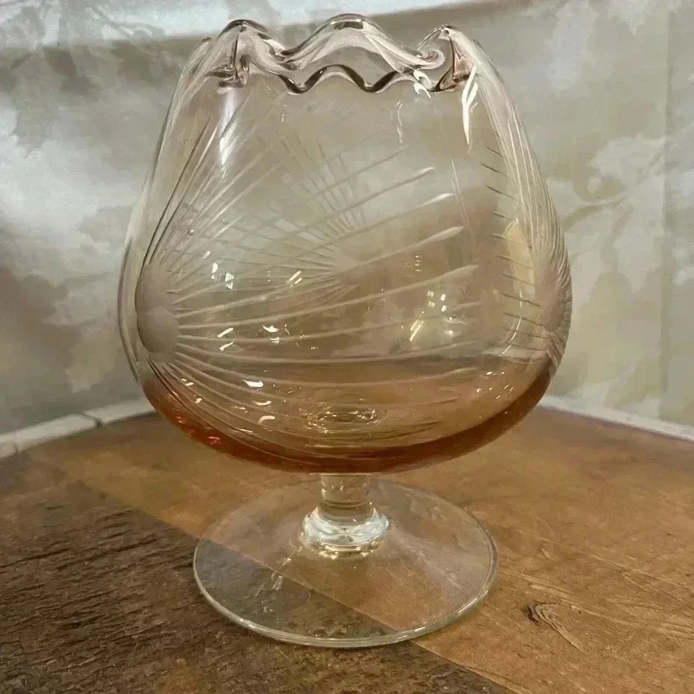 Vintage PINK DEPRESSION GLASS Footed SNIFTER Centerpiece Bowl Etched Ruffle Rim